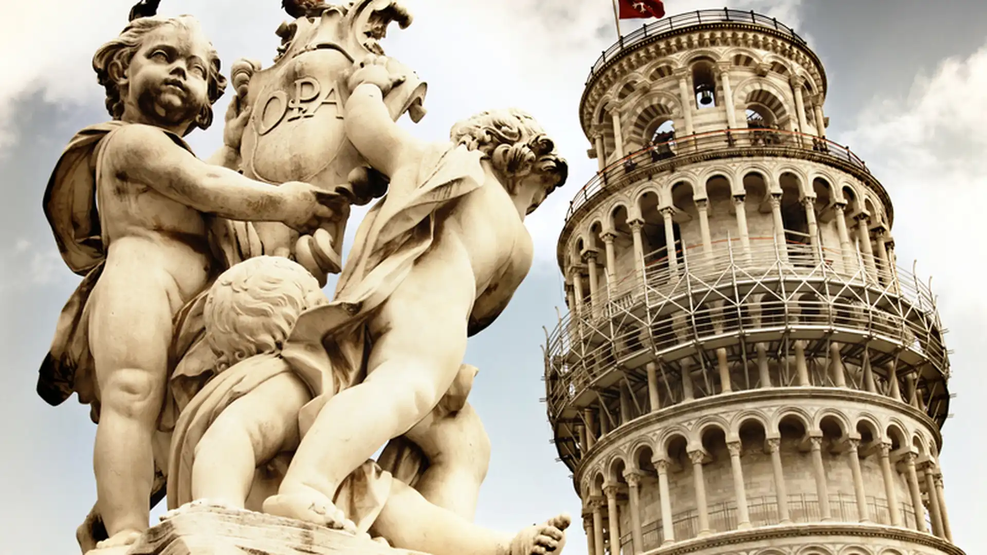 Statues in front of the Leaning Tower of Pisa, highlighting the iconic tower's tilt and architectural beauty.